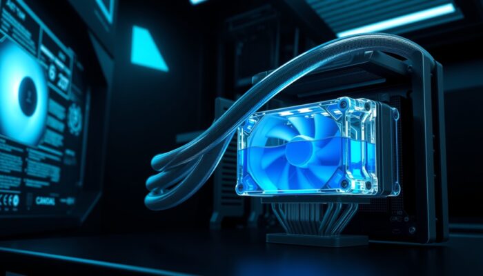 Nowoczesny system ch?odzenia wodnego w komputerze z przezroczystym zbiornikiem wype?nionym niebiesk? ciecz?, podkre?laj?cy efektywno?? i zaawansowan? technologi?.