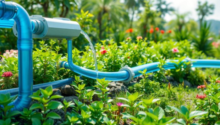 Nowoczesny system ch?odzenia wodnego w otoczeniu bujnego ogrodu, ilustruj?cy korzy?ci p?yn?ce z ch?odzenia wodnego w harmonii z natur?.