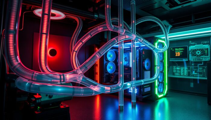 Futurystyczna konfiguracja komputera z zaawansowanym ch?odzeniem wodnym, podkre?laj?ca efektywno?? i niskie temperatury dzi?ki eleganckim rurkom cieczy i pod?wietleniu LED.