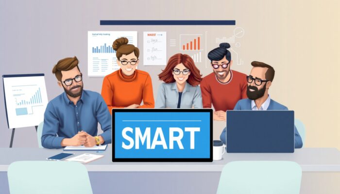 Zróżnicowany zespó? pracowników zdalnych uczestnicz?cy w wirtualnym spotkaniu, otoczony narz?dziami cyfrowymi i wykresami ilustruj?cymi cele SMART, z naciskiem na wspó?prac? i motywacj?.