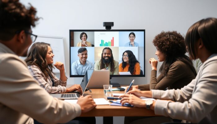 Zróżnicowana grupa cz?onków zespo?u zdalnego uczestnicz?ca w wideokonferencji, wykazuj?ca aktywne s?uchanie i wspó?prac? w ciep?ej i produktywnej atmosferze.