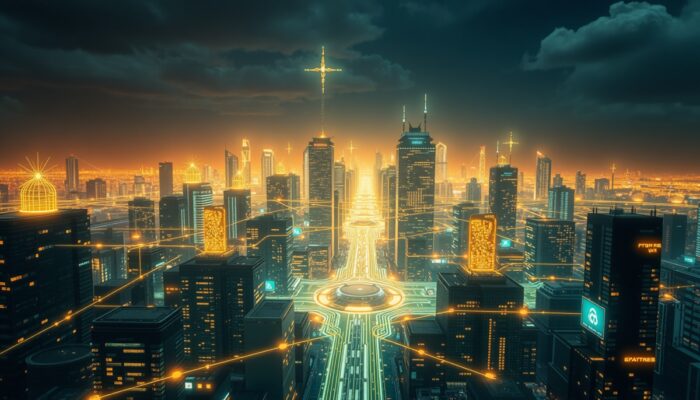 Futurystyczny krajobraz miasta z po??czonymi sieciami, ?wiec?cymi strumieniami danych przep?ywaj?cymi mi?dzy budynkami oraz routerami jako zaawansowanymi w?z?ami technologii, ilustruj?cymi efektywn? komunikacj? w różnych lokalizacjach geograficznych.