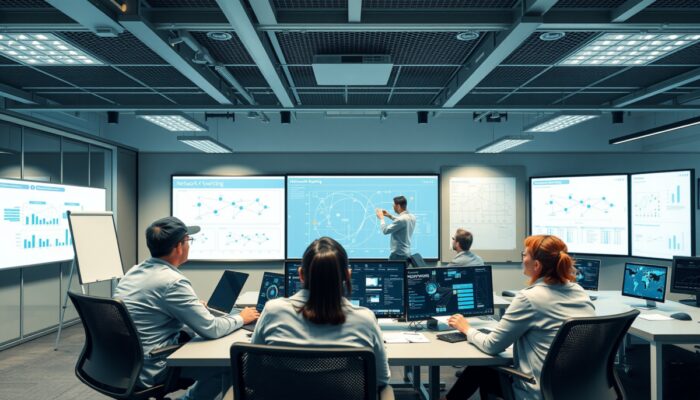 Pracownicy w nowoczesnym biurze uczestnicz? w szkoleniu na temat routingu i prze??czania sieci, z interaktywnymi wy?wietlaczami i diagramami struktur sieciowych.