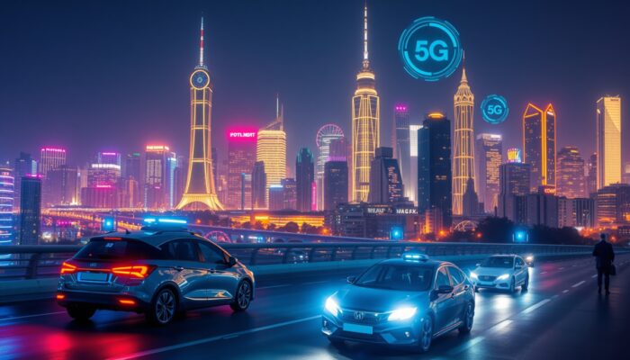 Futurystyczny krajobraz miasta noc?, o?wietlony neonami, z autonomicznymi pojazdami i ludźmi korzystaj?cymi z urz?dze? rozszerzonej rzeczywisto?ci, symbolizuj?cy szybko?? i ??czno?? technologii 5G.