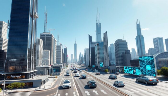 Futurystyczna panorama miasta z nowoczesn? technologi? 5G, w tym wieżowcami z antenami, po??czonymi urz?dzeniami, autonomicznymi pojazdami i holograficznymi wy?wietlaczami.