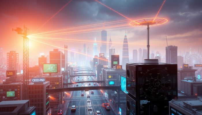 Futurystyczny krajobraz miasta z zaawansowan? technologi? 5G, antenami beamforming kieruj?cymi sygna?y do inteligentnych urz?dze? oraz infrastruktur? edge computing przetwarzaj?c? dane w czasie rzeczywistym.