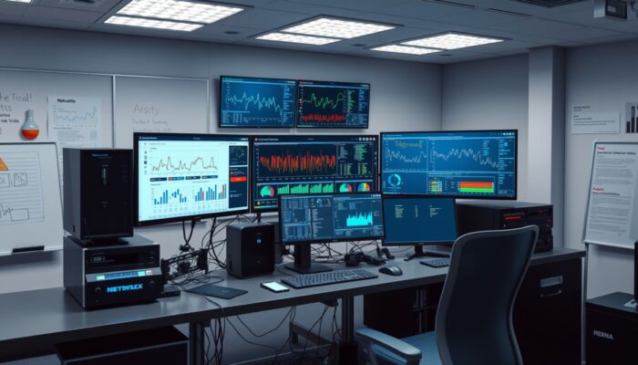 Nowoczesne stanowisko zarz?dzania sieci? z komputerem i wieloma ekranami pokazuj?cymi analizy danych, wykresy wydajno?ci, interfejsy zarz?dzania zaporami ogniowymi oraz alerty zwi?zane z cyberbezpiecze?stwem, otoczone różnymi narz?dziami sieciowymi w nowoczesnym biurze.