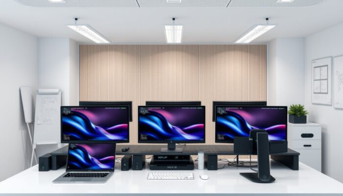 Nowoczesne stanowisko komputerowe z wysokiej klasy laptopami i komputerami stacjonarnymi, otoczone innowacyjnymi gadżetami technologicznymi w jasnym, minimalistycznym biurze, podkre?laj?ce jako?? i niezawodno??.