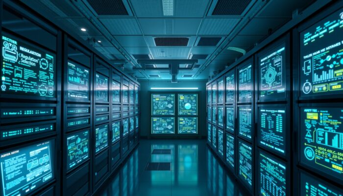 Nowoczesne centrum danych z serwerami i ekranami wy?wietlaj?cymi z?ożone algorytmy oraz wizualizacje koncepcji uczenia maszynowego, takich jak regularyzacja, wybór cech i optymalizacja hiperparametrów, w delikatnym niebiesko-zielonym o?wietleniu.