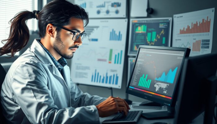 Data scientist analizuj?cy zestaw danych na komputerze, otoczony wykresami i diagramami, ilustruj?cy proces analizy danych, wyboru modelu i walidacji w optymalizacji uczenia maszynowego.