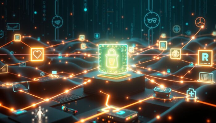 Futurystyczny krajobraz cyfrowy przedstawiaj?cy bezpieczn? sie? blockchain, z po??czonymi blokami ?wiec?cymi w neonowych kolorach, symbolizuj?cymi bezpiecze?stwo danych i niezmienno??, otoczony abstrakcyjnymi reprezentacjami różnych branż, takich jak zdrowie, finanse i technologia.