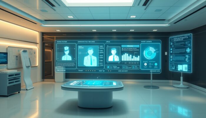 Futurystyczne otoczenie medyczne z cyfrowym interfejsem wy?wietlaj?cym dane pacjentów oraz holograficznymi reprezentacjami rekordów medycznych i systemów zarz?dzania lekami, ilustruj?ce zastosowanie technologii blockchain w medycynie.