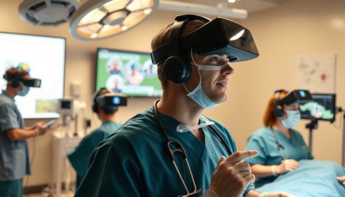 Scena szkoleniowa z personelem medycznym korzystaj?cym z gogli VR w symulowanym ?rodowisku klinicznym, z realistycznymi narz?dziami chirurgicznymi i cyfrowymi awatarami pacjentów.