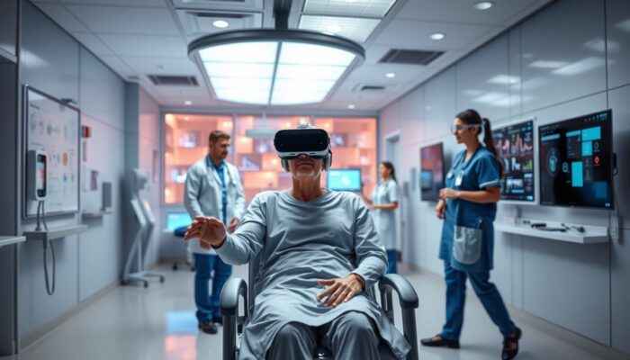 Nowoczesna placówka medyczna wykorzystuj?ca technologi? VR, pacjent uczestnicz?cy w rehabilitacji, otoczony przez profesjonalistów medycznych.