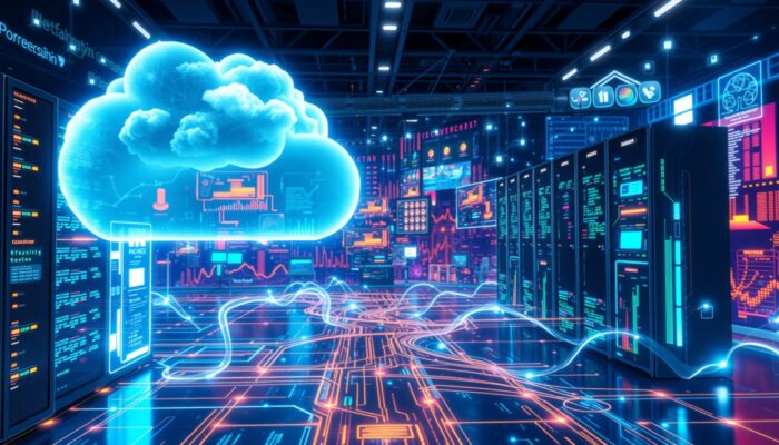 Futurystyczny krajobraz chmury obliczeniowej z po??czonymi serwerami i elastycznymi zasobami, ilustruj?cy wydajno?? i oszcz?dno?ci w ?rodowisku biznesowym.