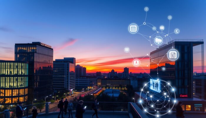 Zachód s?o?ca nad Warszaw?, nowoczesne budynki z pod?wietlonymi ?wiat?owodami, ludzie korzystaj?cy z urz?dze? na ?wieżym powietrzu oraz symbole cyfrowej ??czno?ci w powietrzu.