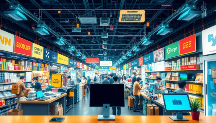 T?tni?cy życiem rynek cyfrowy z różnorodnymi produktami i us?ugami, ilustruj?cy wp?yw internetu na gospodark?.