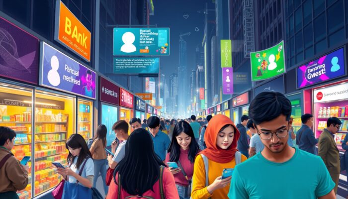 Ludzie korzystaj?cy z telefonów podczas zakupów w miejskim otoczeniu, z lokalnymi produktami i reklamami w mediach spo?eczno?ciowych w tle, ilustruj?cy nowoczesne trendy e-commerce.