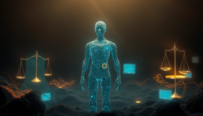 Surrealistyczna posta? humanoidalna z obwodów i z?batek w mrocznym krajobrazie, symbolizuj?ca z?ożone relacje mi?dzy AI a etyk?, z przedstawieniami uprzedze? i dylematów etycznych.