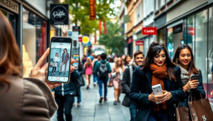 Na żywej ulicy polskiego miasta, zróżnicowana grupa kupuj?cych używa aplikacji AR na smartfonach, nak?adaj?c cyfrow? mod? i meble na otoczenie.