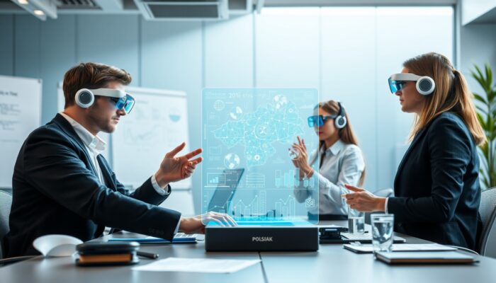Zawodowcy w okularach AR wspó?pracuj? nad holograficznymi projektami w polskim biurze, symbolizuj?c ewolucj? rynku pracy i nowe szanse karier.