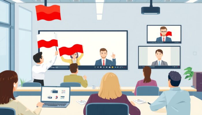 Wibruj?ca wideokonferencja Zoom w nowoczesnym polskim biurze: różnorodni uczestnicy z flagami, prezentacje, intuicyjne interfejsy, ikony nagrywania i k?ódki bezpiecze?stwa.