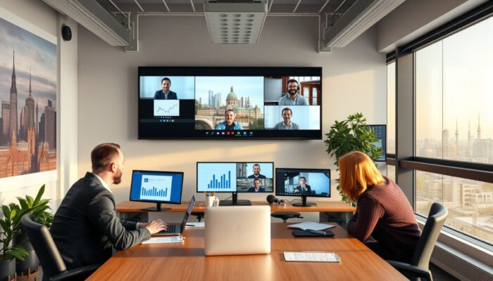 Żywio?owe wirtualne spotkanie na Zoomie: udost?pnianie ekranów z wykresami, nagrywanie sesji i czaty z t?ami Warszawy w polskim biurze.