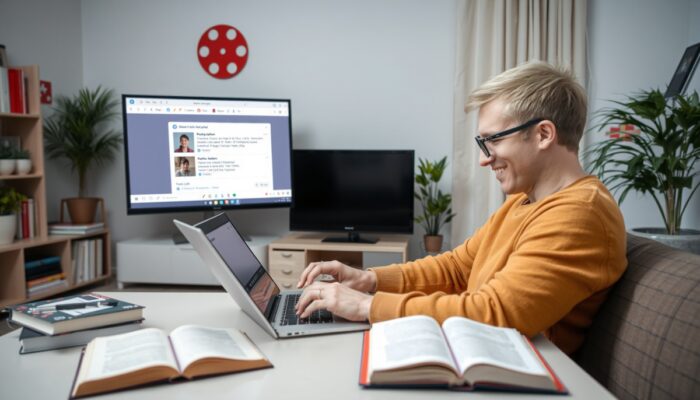 Polski student w nowoczesnym mieszkaniu w Warszawie sprawdza laptopa z linkami Zoom, otoczony ksi?żkami, flag? i powiadomieniami online.