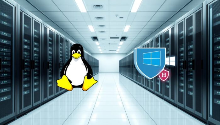 Nowoczesne centrum danych w Polsce: rz?dy serwerów z pingwinem Linux i ikonami Windows Server, chronione przed cyberzagrożeniami.