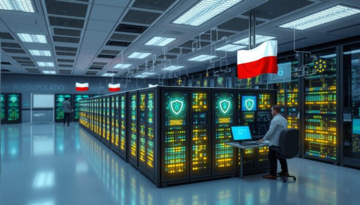 Nowoczesna serwerownia w Polsce: rz?dy ?wiec?cych serwerów chronionych tarczami cyfrowymi, specjali?ci monitoruj?cy cyberzagrożenia i symbole RODO.