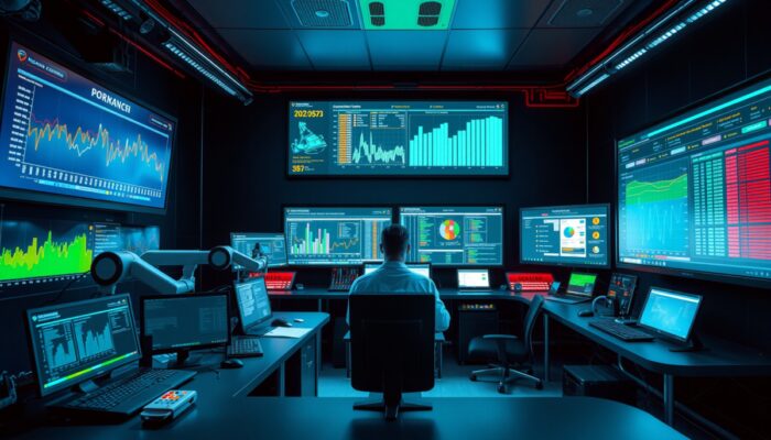 Wysokotechnologiczny pokój kontroli w Polsce: ekrany z wykresami wydajno?ci, analizy logów, roboty automatyzuj?ce zadania w dynamicznym ?rodowisku IT.