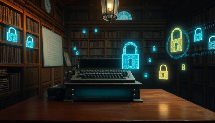 Ilustracja antycznej maszyny Enigma na drewnianym biurku w historycznej polskiej bibliotece, otoczonej cyfrowymi kodami i holograficznymi zamkami, symbolizuj?cej metody szyfrowania w Polsce.