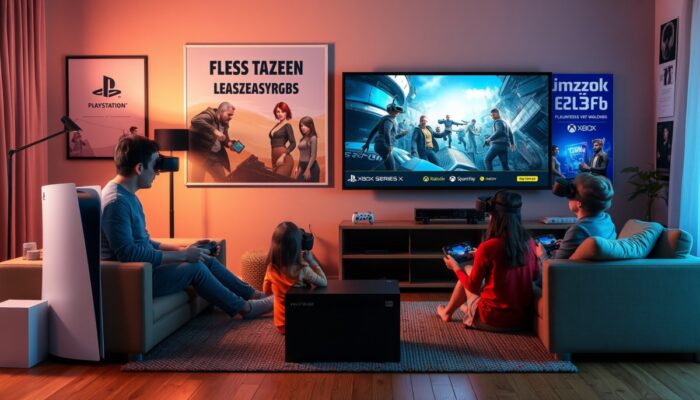 Wibruj?cy salon w Polsce z konsolami PS5 i Xbox Series X, rodzina graj?ca w VR, plakaty promocyjne gier.