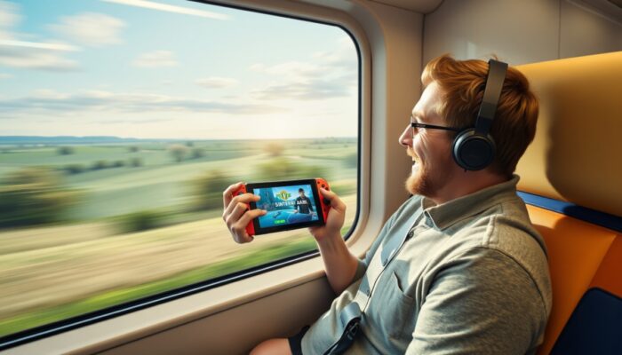Polski podróżnik w poci?gu rado?nie gra na Nintendo Switch, z rozmywaj?cymi si? widokami wiejskimi za oknem, symbolizuj?c mobilno?? i d?ug? żywotno?? baterii.