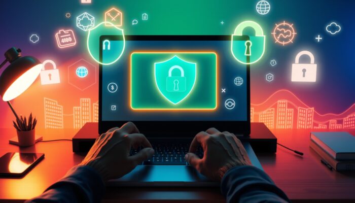 Użytkownik konfiguruje blokad? reklam na laptopie, z tarczami blokuj?cymi reklamy, ikonami prywatno?ci i symbolami dost?pu w cyberprzestrzeni.