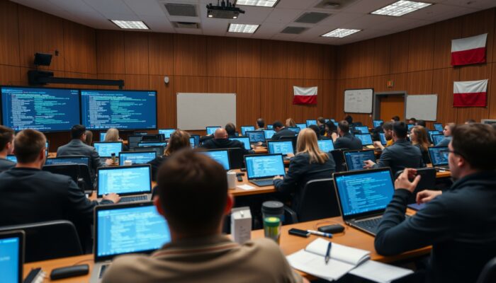 Zaj?ta aula na Uniwersytecie Warszawskim: polscy studenci ucz? si? programowania na laptopach, ekrany z kodami i flagami polskimi.