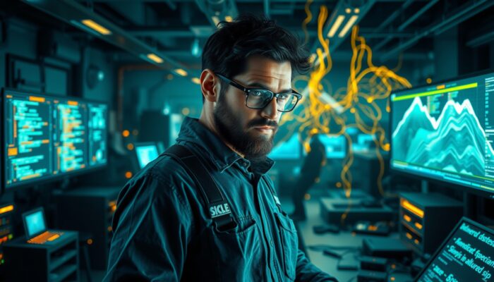 Zdeterminowany inżynier w zaawansowanym laboratorium, otoczony ?wiec?cymi obwodami, spl?tanymi strumieniami kodu i górami danych, symbolizuj?cymi wyzwania systemów.