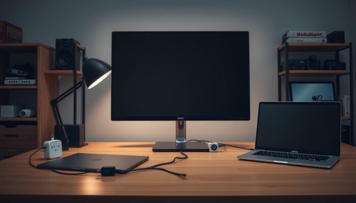 Nowoczesne polskie biuro domowe: elegancki monitor Full HD na biurku, pod??czony HDMI do laptopa, z adapterami Schuko i gadżetami MediaMarkt pod mi?kkim o?wietleniem.