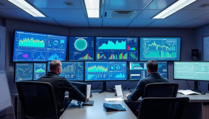 Pokój kontrolny w Warszawie: inżynierowie monitoruj? wydajno?? aplikacji, ekrany pokazuj? wykresy CPU, pami?ci, czasu odpowiedzi i symbole optymalizacji.