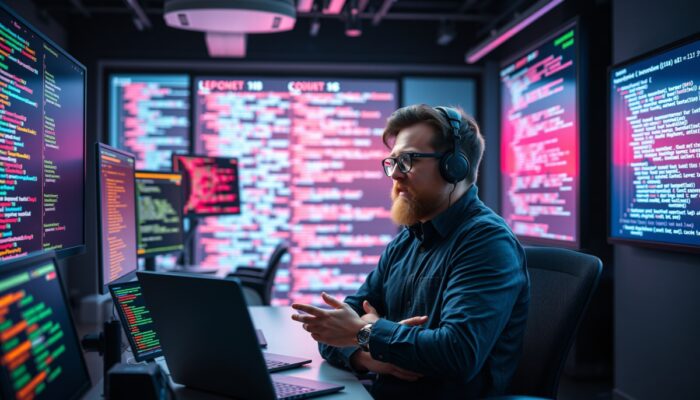 Do?wiadczony deweloper dzieli si? poradami GitHub w nowoczesnym biurze, otoczony holograficznymi ekranami z repozytoriami i narz?dziami wspó?pracy.