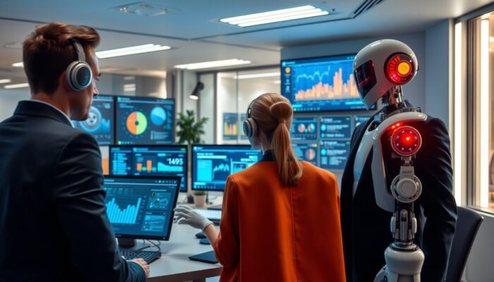 Nowoczesne biuro w Warszawie: profesjonali?ci używaj? interfejsów cyfrowych i robotów do automatyzacji zada? administracyjnych, z pulpitami real-time analiz danych.