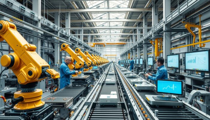 Nowoczesna fabryka w Warszawie: roboty montuj? produkty na szybkich ta?mach, inżynierowie monitoruj? zaawansowane ekrany, podkre?laj?c innowacj? w automatyzacji.