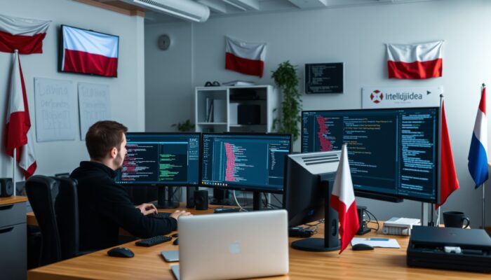 Polski deweloper debuguje kod w nowoczesnym biurze w Warszawie, używaj?c Visual Studio Code i IntelliJ IDEA, z zaawansowanymi funkcjami i otoczeniem flagami.