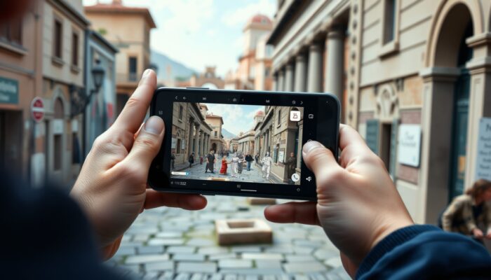 Użytkownik trzyma smartfon, ogl?daj?c rzeczywisto?? rozszerzon?: animowane ruiny z historycznymi postaciami w żywym mie?cie.