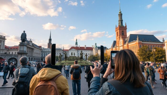 Scena w Warszawie: tury?ci używaj? aplikacji AR na smartfonach, nak?adaj?c cyfrowe postacie historyczne na zabytki Starego Miasta, promuj?c edukacj? i turystyk?.